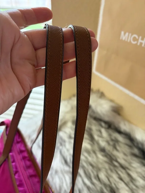 Michael Kors fuchsia is Nylon Tote with Brown Leather Trim - Picture 7 of 11